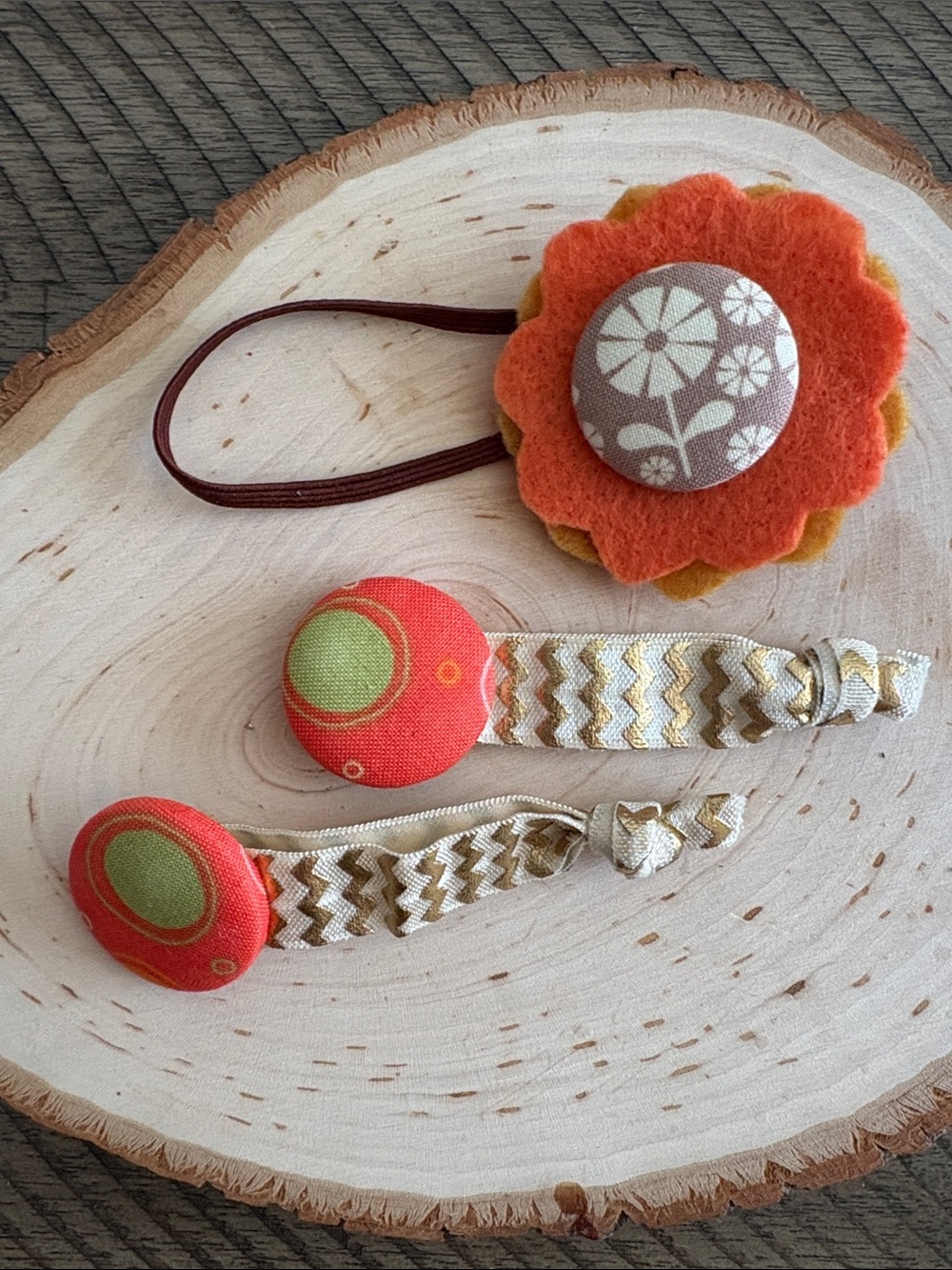 Orange Felt Flower Hair Tie and Coral Button Clips for Kids